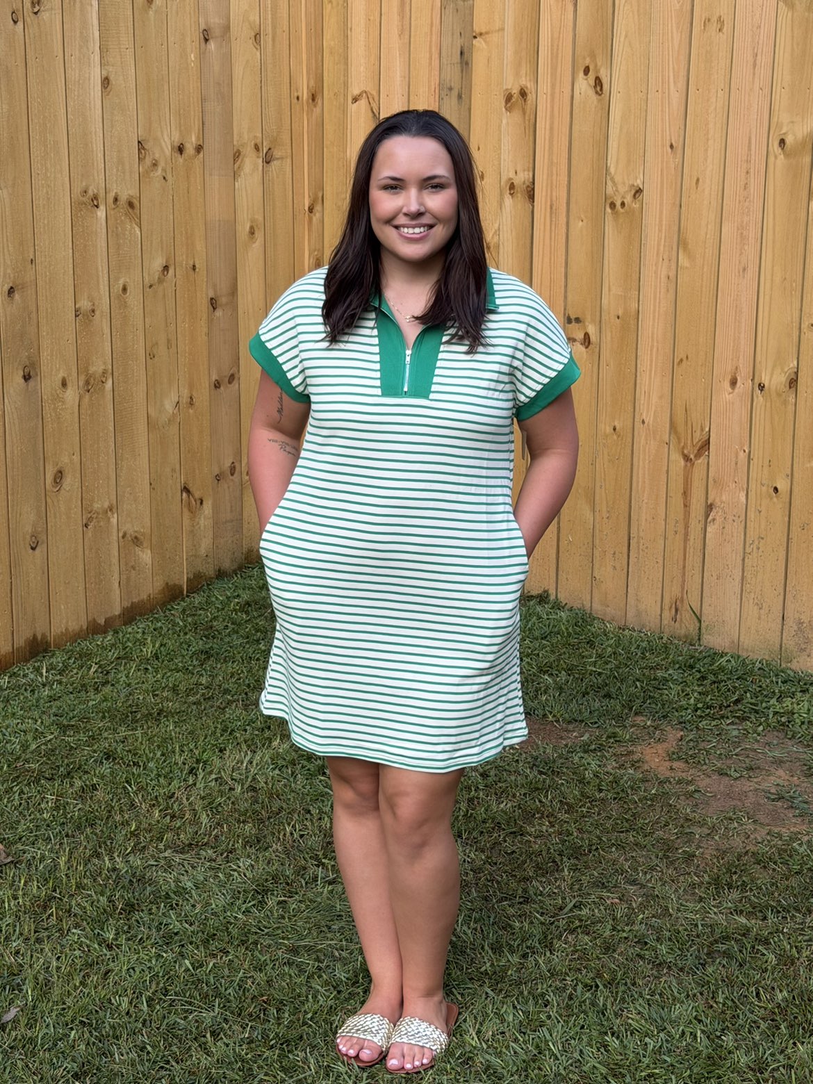 Stripe Quarter Zip Polo Collar T-Shirt Dress