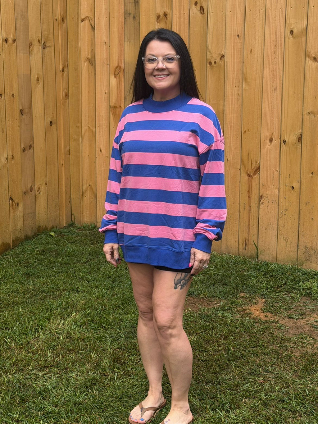 Stripe Oversized Long Sleeve Mock Neck Sweatshirt S-XL