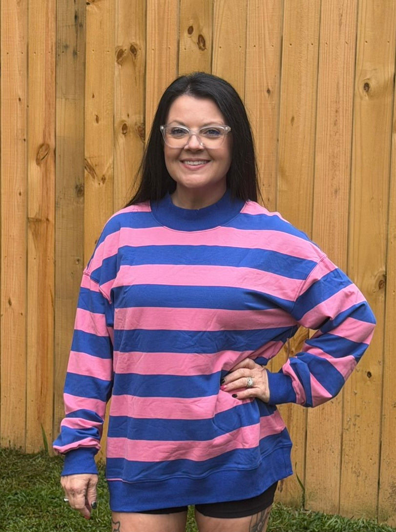 Stripe Oversized Long Sleeve Mock Neck Sweatshirt S-XL