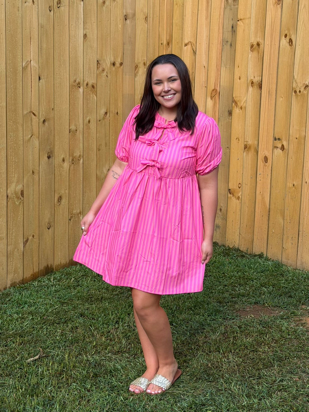 Rose Striped Print Bow Detail Short Puff Sleeve Mini Dress