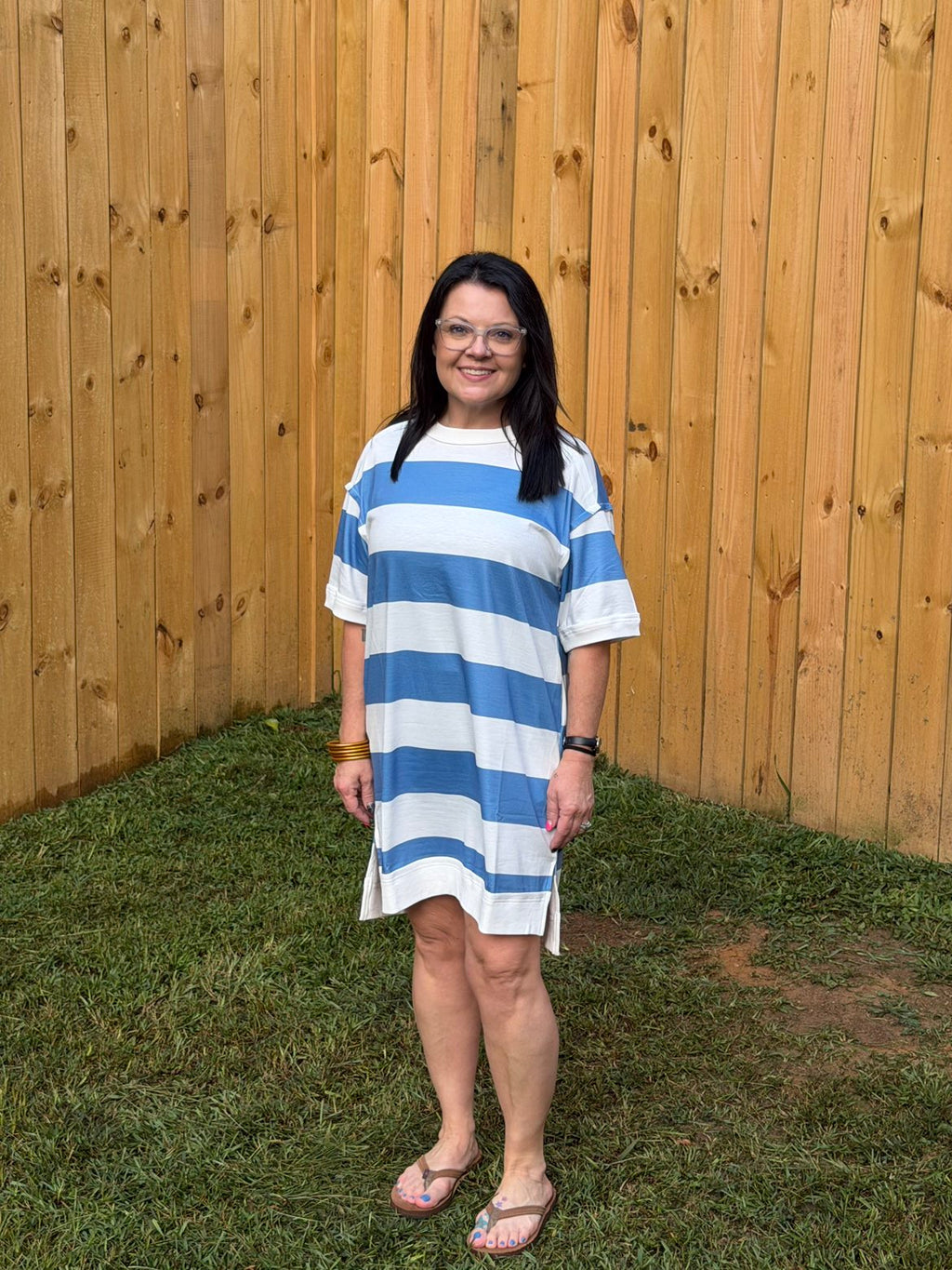 Blue Stripe Raw Seam Shoulder Detail Casual Tee Dress