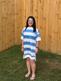 Blue Stripe Raw Seam Shoulder Detail Casual Tee Dress