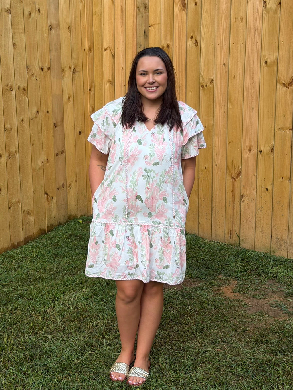 Pink Floral Contrast Edge Layered Short Sleeve Mini Dress