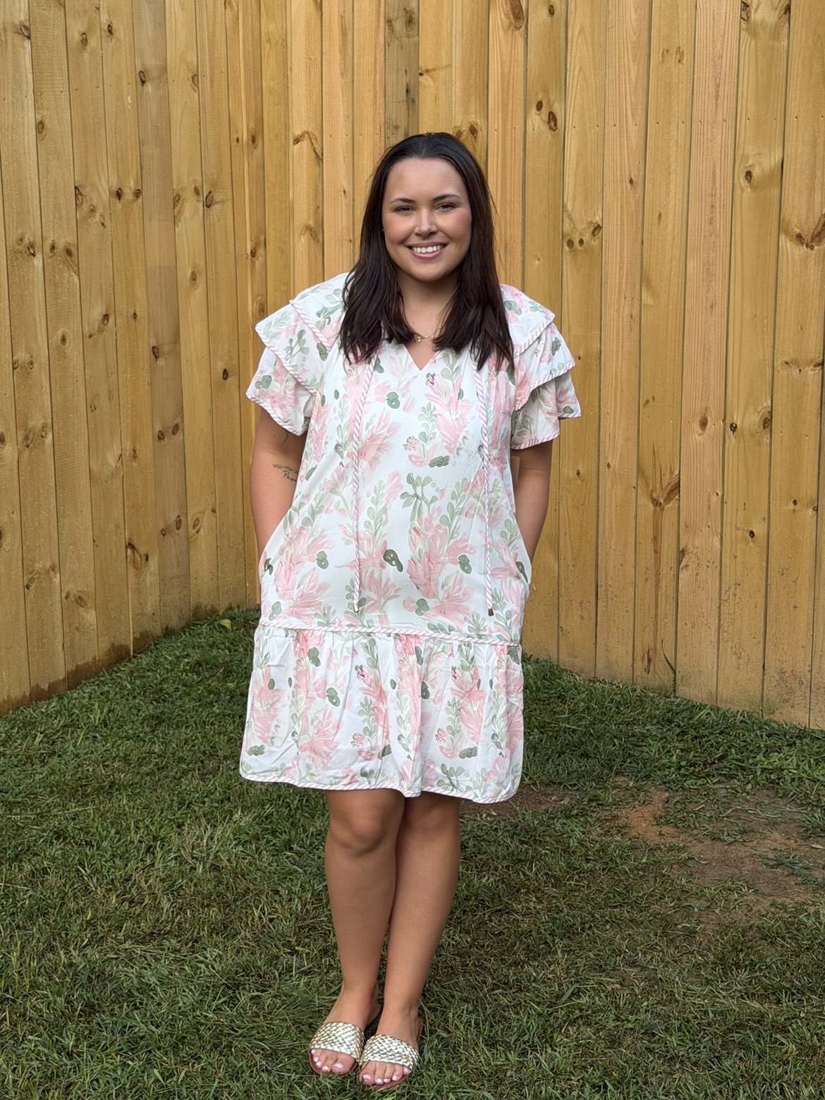 Pink Floral Contrast Edge Layered Short Sleeve Mini Dress