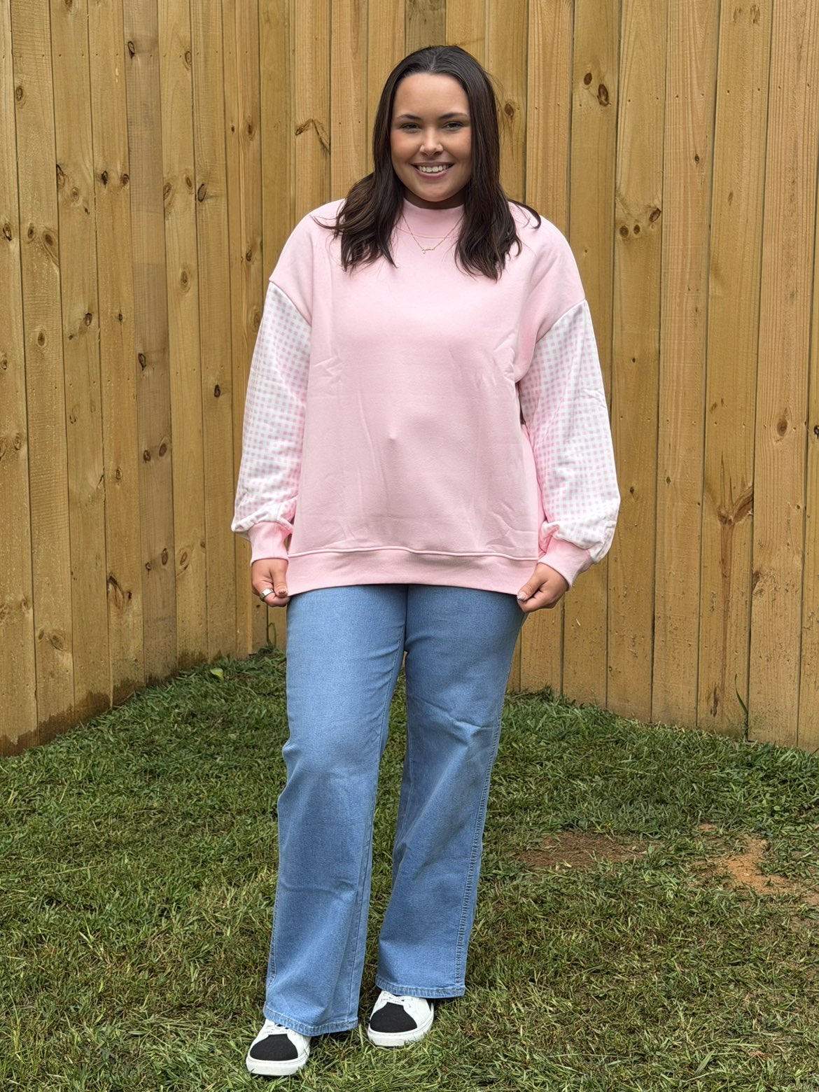 pink gingham sweatshirt