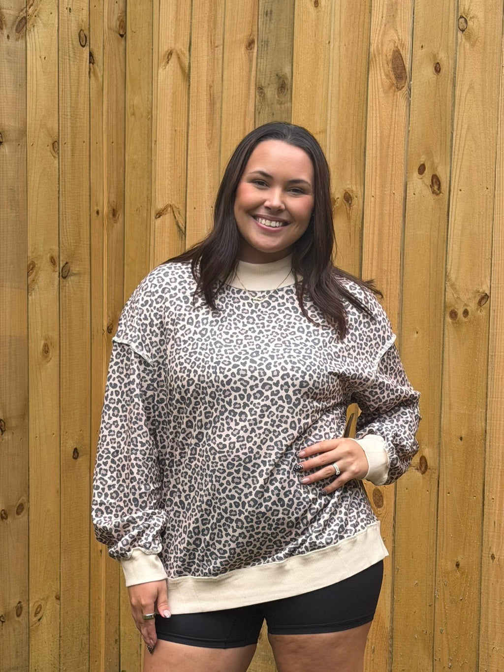 Leopard Print Mock Neck Ribbed Cuffs Hem Sweatshirt
