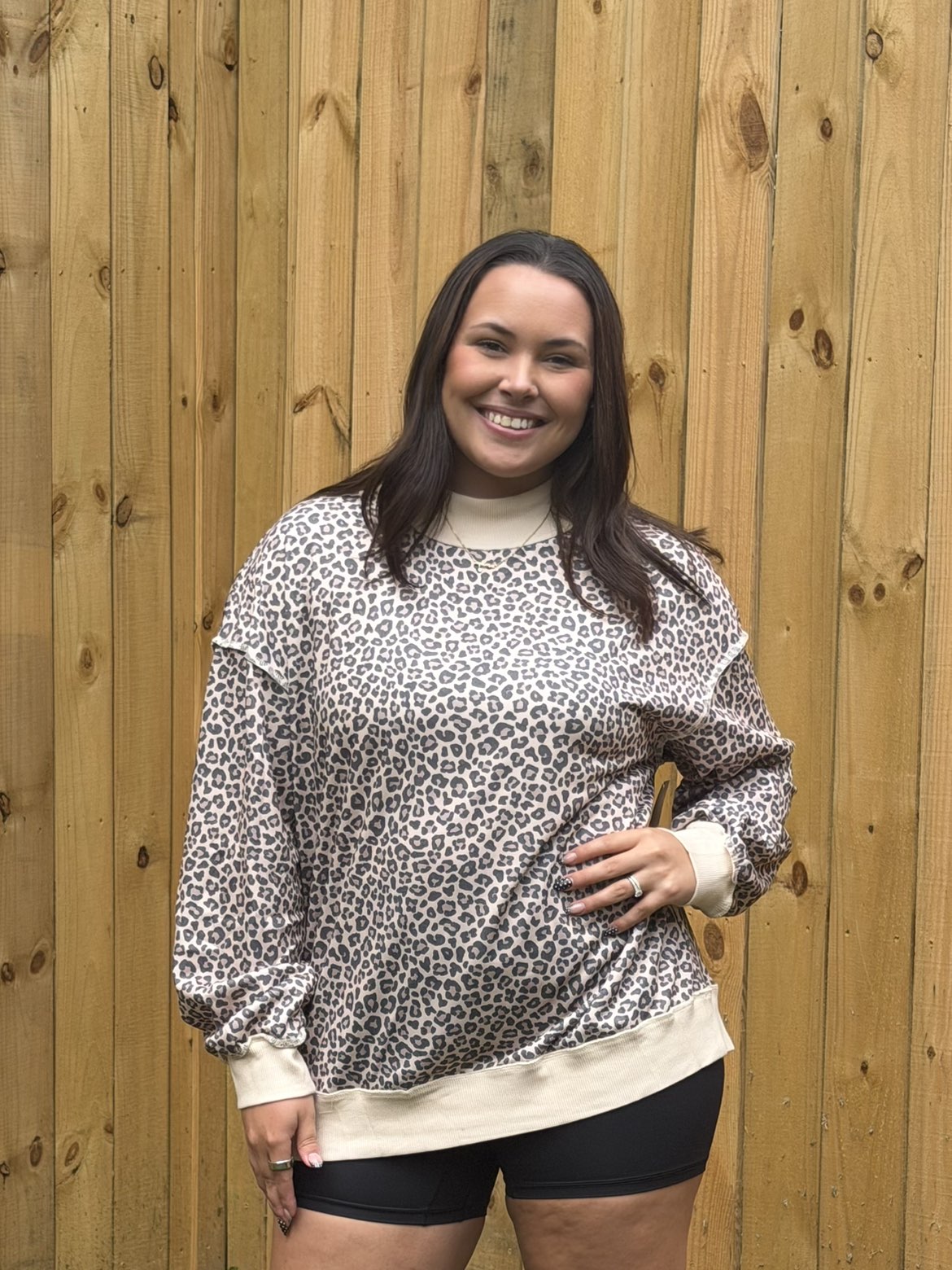 Leopard Print Mock Neck Ribbed Cuffs Hem Sweatshirt
