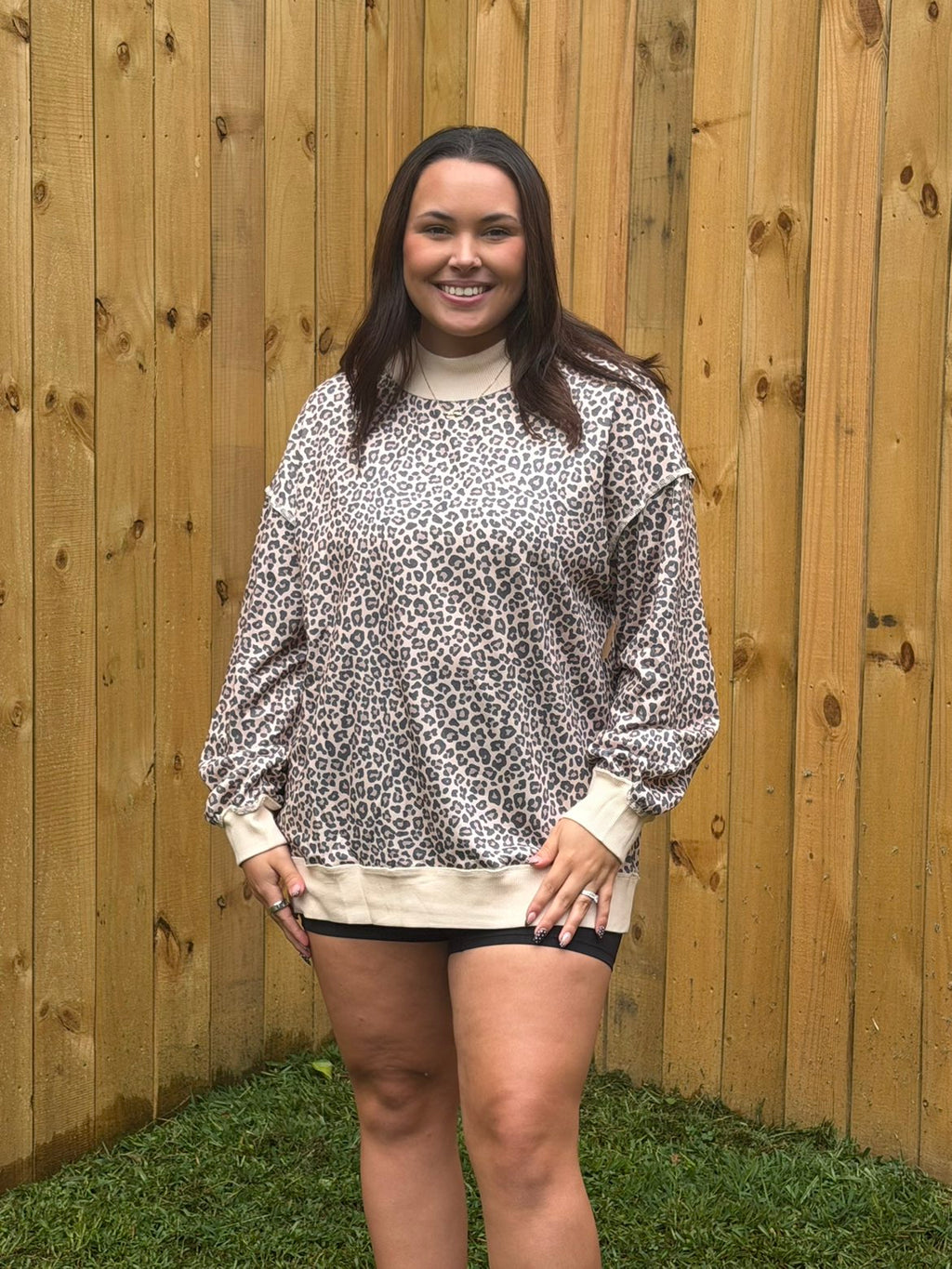 Leopard Print Mock Neck Ribbed Cuffs Hem Sweatshirt
