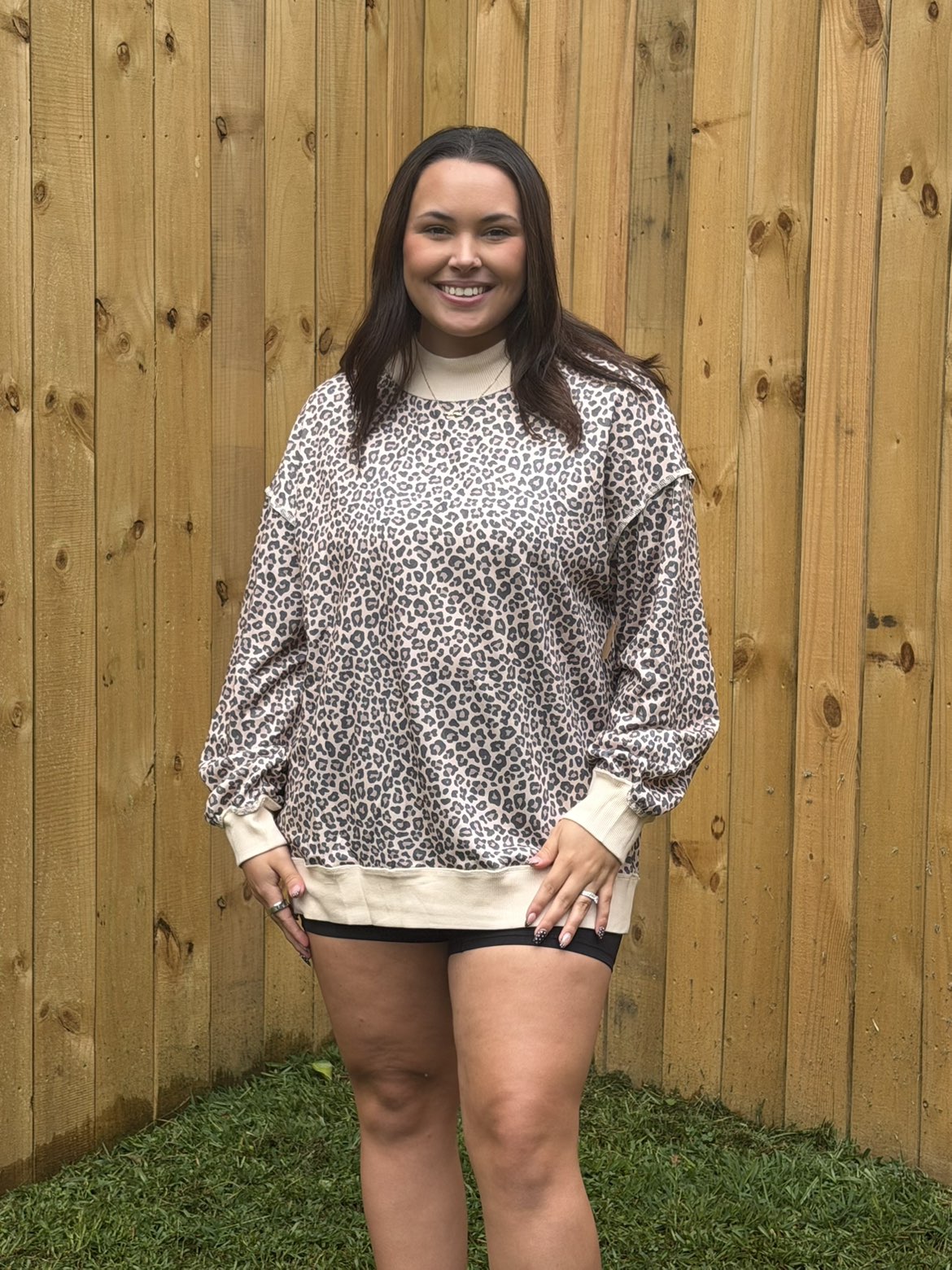Leopard Print Mock Neck Ribbed Cuffs Hem Sweatshirt