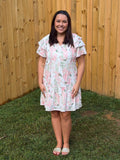 Pink Floral Contrast Edge Layered Short Sleeve Mini Dress