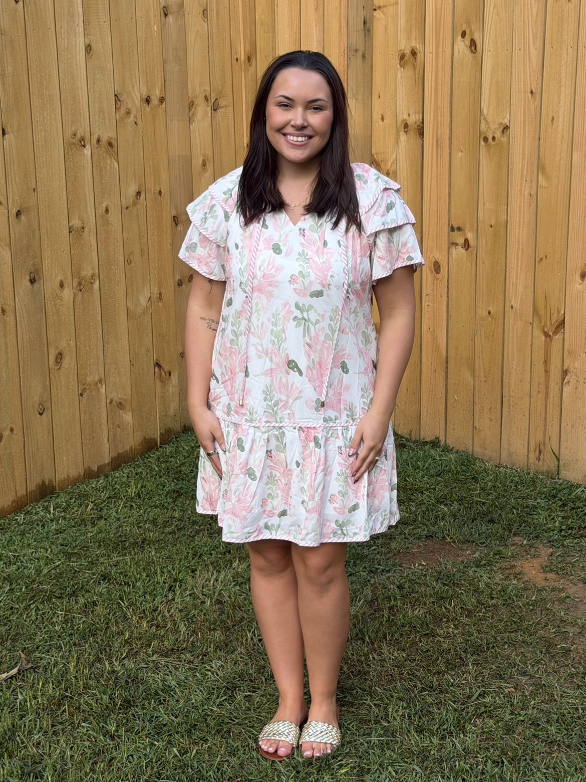 Pink Floral Contrast Edge Layered Short Sleeve Mini Dress