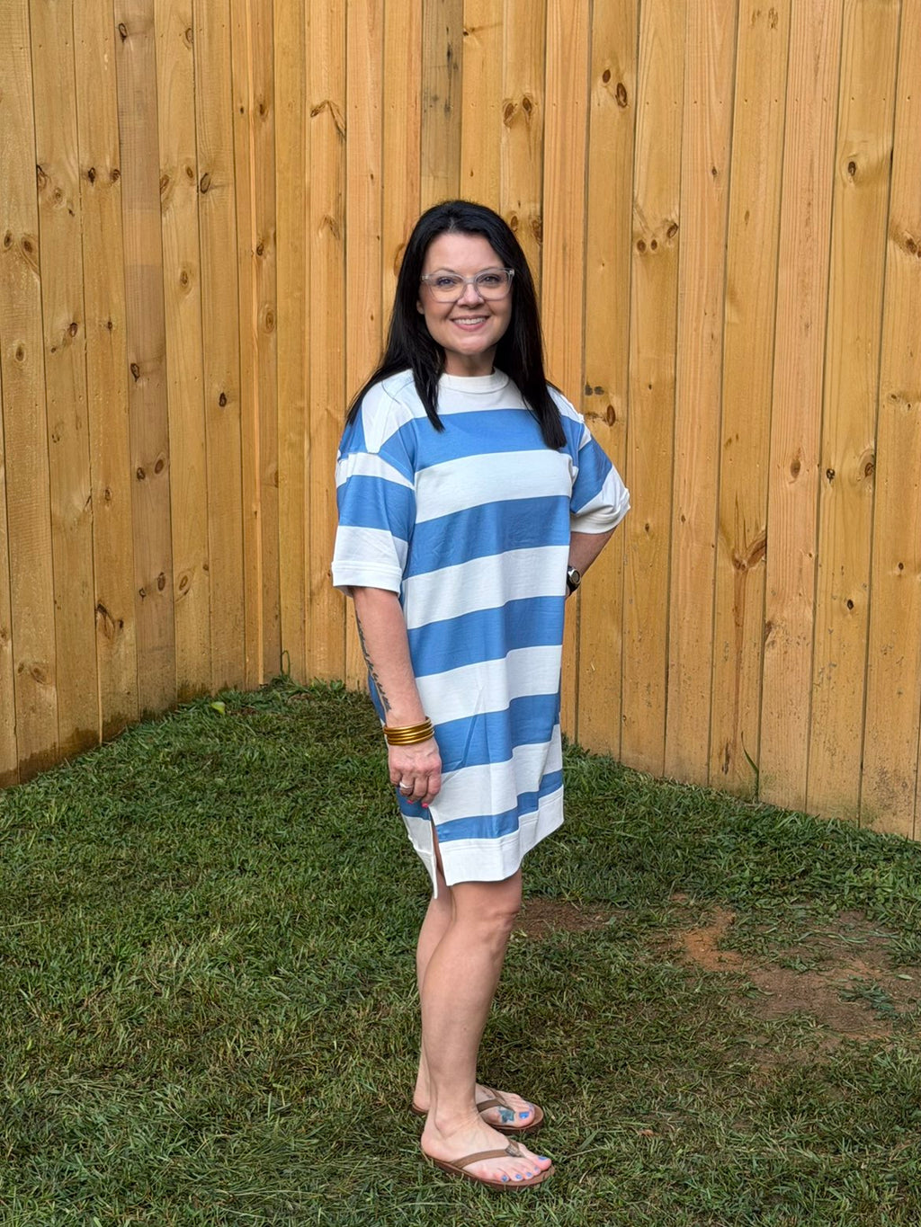Blue Stripe Raw Seam Shoulder Detail Casual Tee Dress