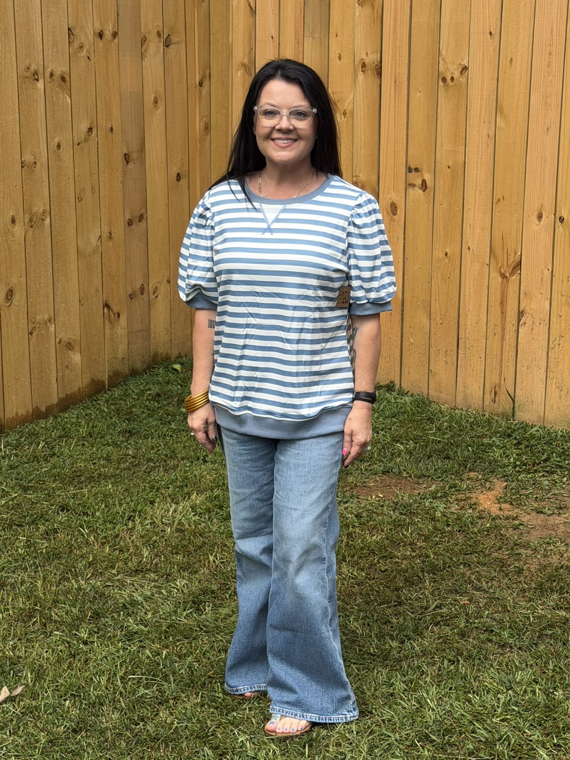 Stripe Short Bubble Sleeve T-Shirt