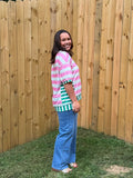 Pink Stripe Exposed Seam Contrast Patchwork Oversized Top