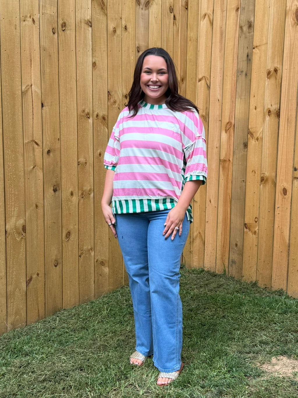 Pink Stripe Exposed Seam Contrast Patchwork Oversized Top