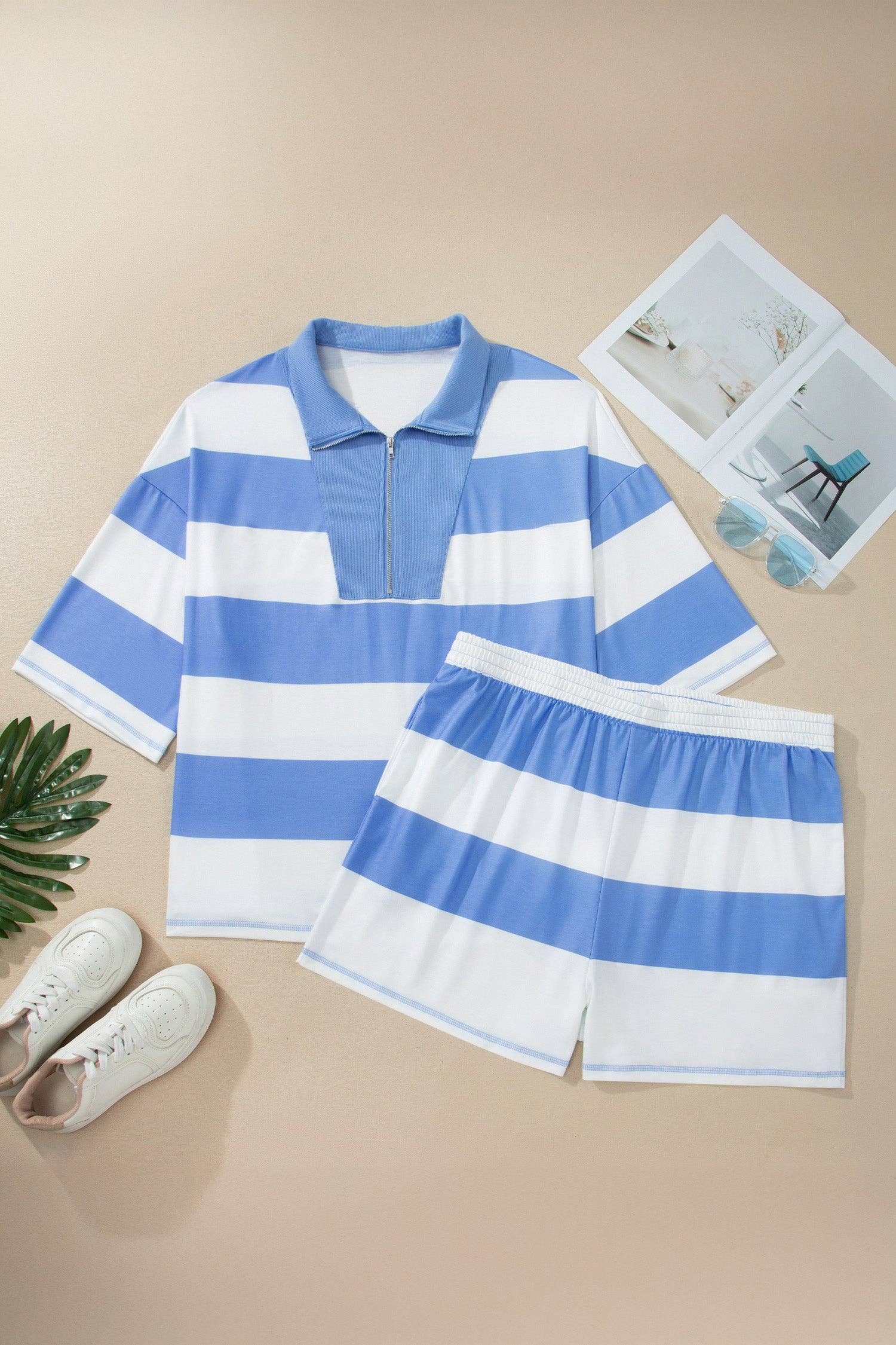 PRETTY BASH Plus Size Stripe Zipped Top & Shorts Set