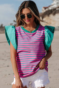 Stripe Colorblock Ruffle Sleeve Crewneck Blouse