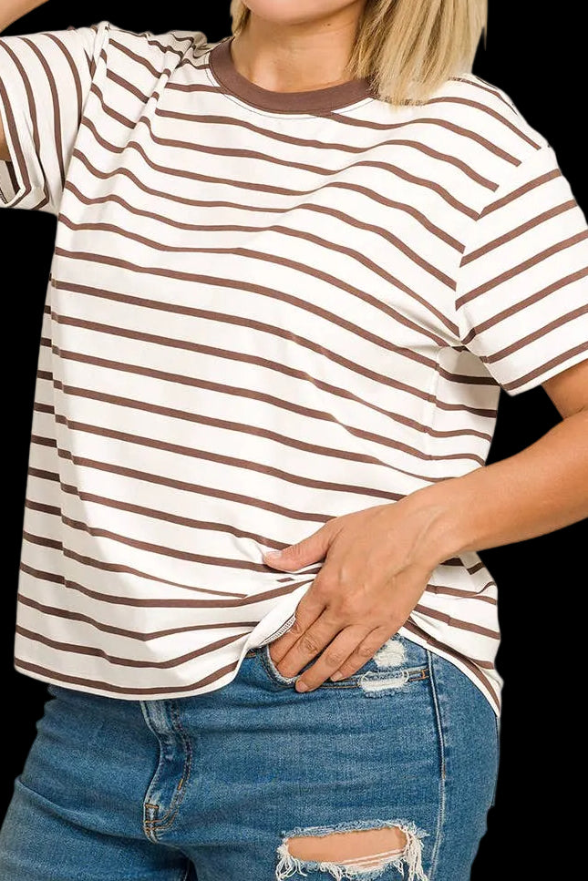 Plus Striped Crew Neck T Shirt - Zenana