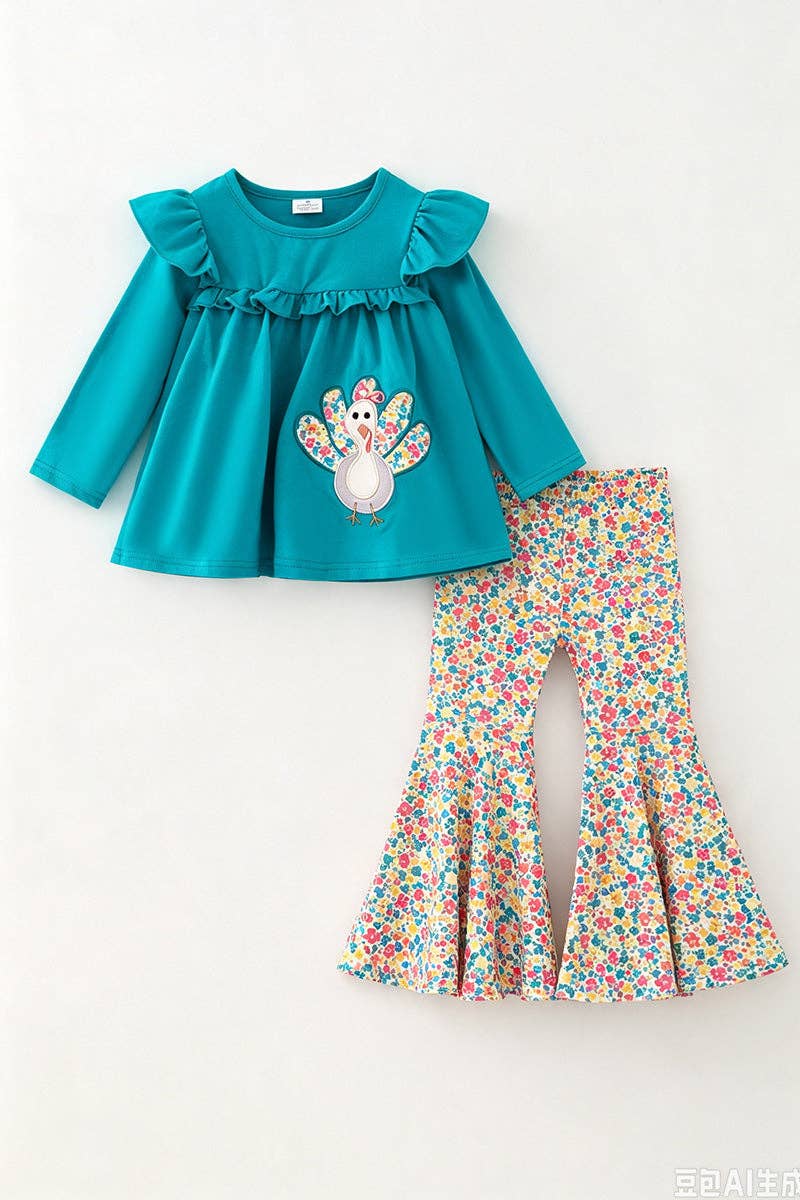Teal tunic w/ turkey applique and floral bell bottoms