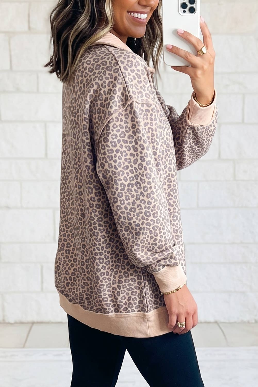 Leopard Print Mock Neck Ribbed Cuffs Hem Sweatshirt
