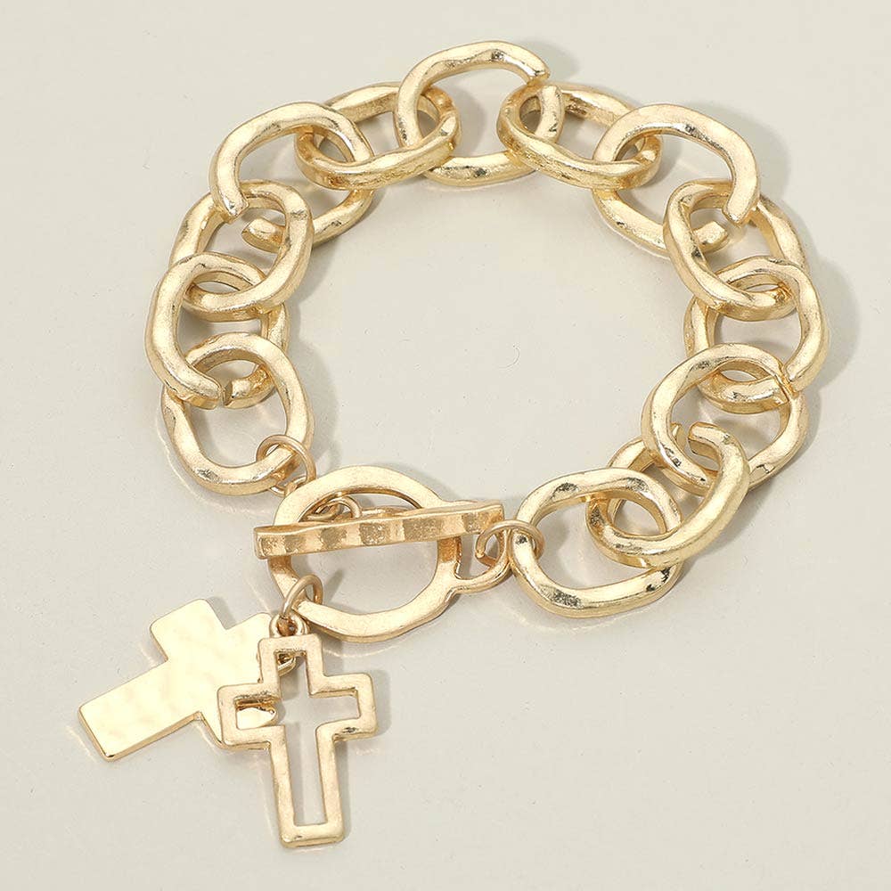 Layered Cross Charm Chunky Toggle Bracelet