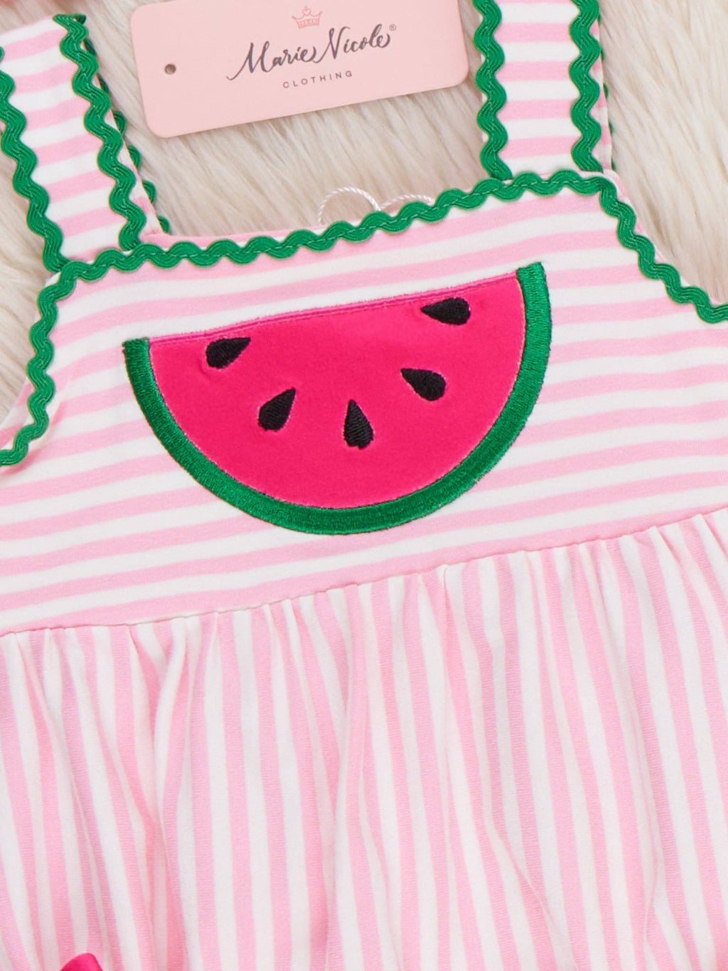 Watermelon Days Striped Embroidery Ruffle Bubble Romper