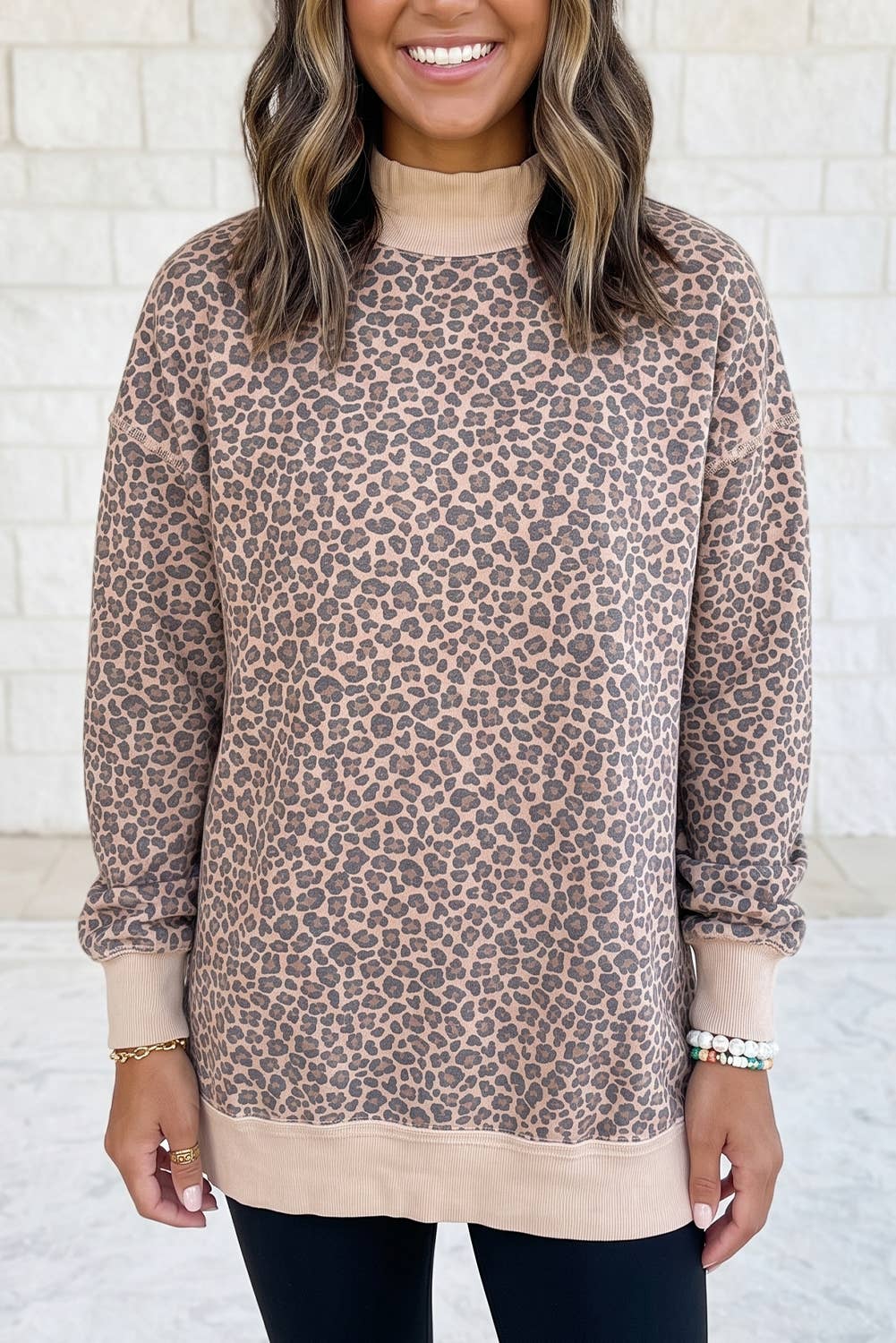 Leopard Print Mock Neck Ribbed Cuffs Hem Sweatshirt
