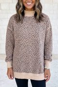 Leopard Print Mock Neck Ribbed Cuffs Hem Sweatshirt