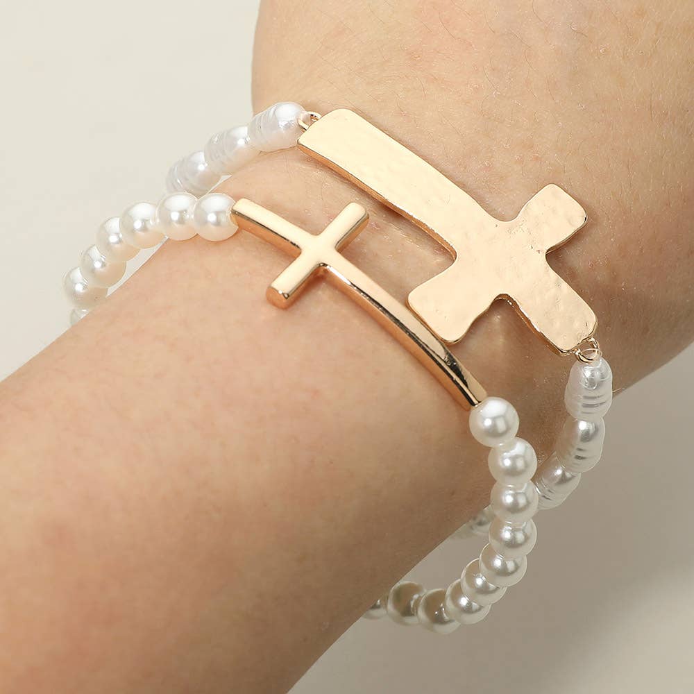 2PCS - Cross Accent Pearl Beaded Stretch Multi Layered Bracelets