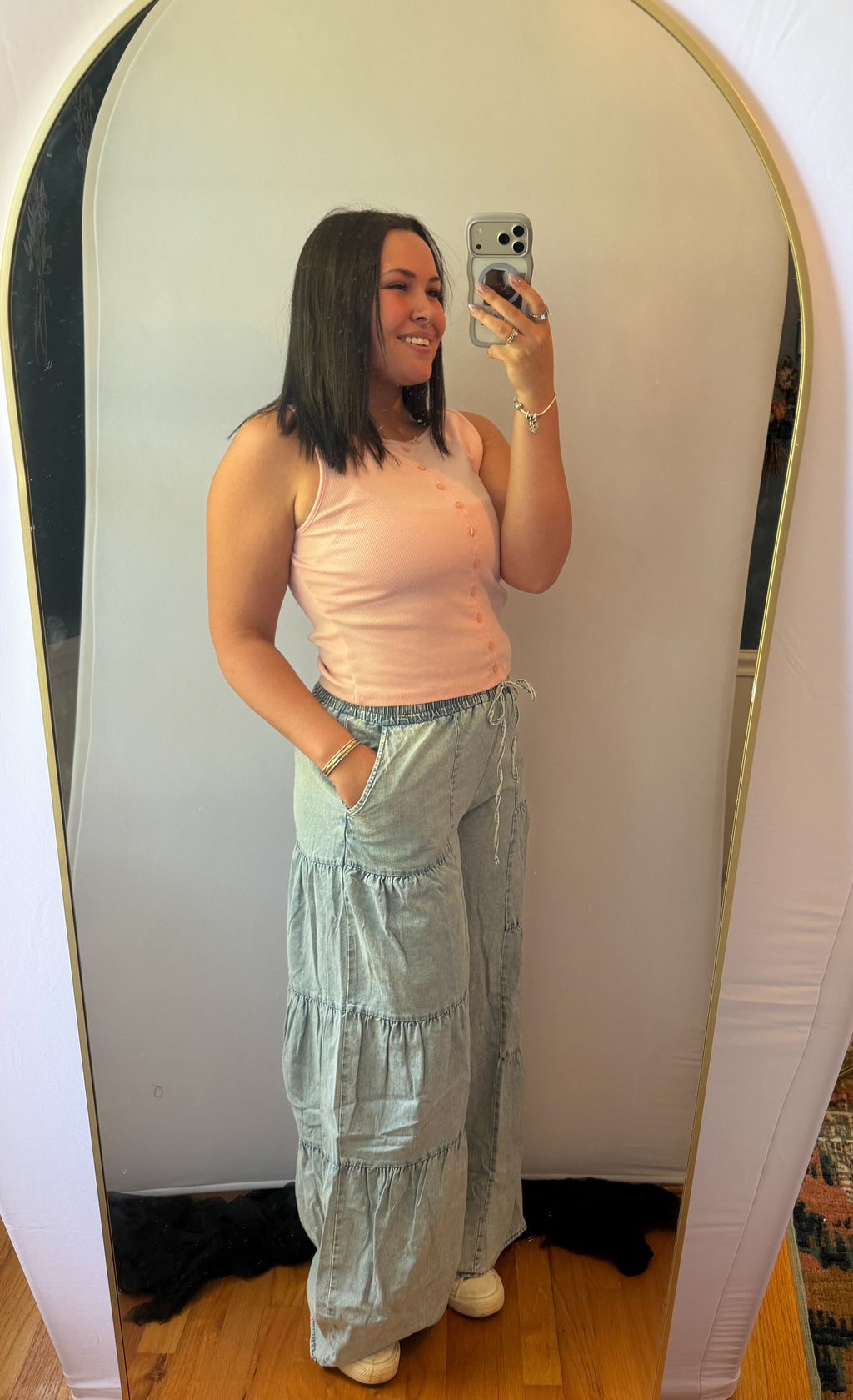 NP70989-Tiered Layers Mineral Washed Chambray Pants