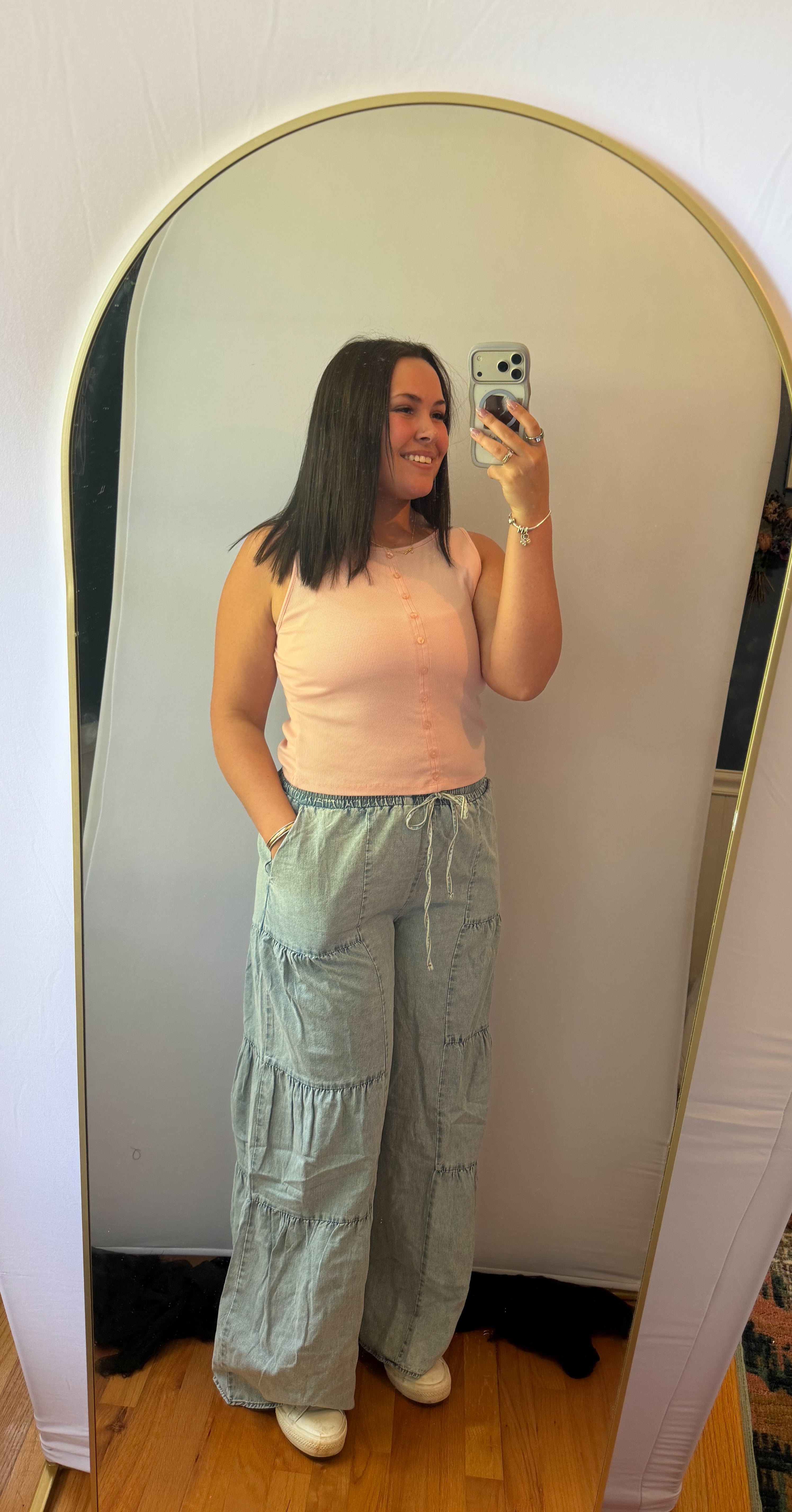 NP70989-Tiered Layers Mineral Washed Chambray Pants